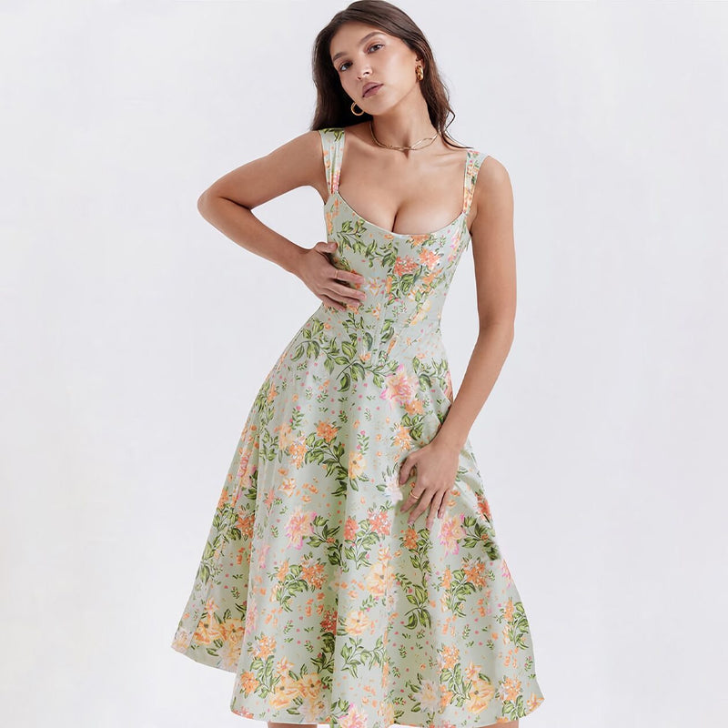 printed spaghetti strap midi dress, view 6 - MRSLM