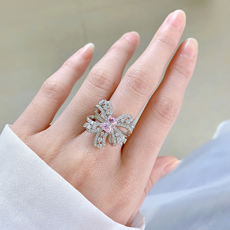 pink bow simulated diamond silver ring, view 5 - MRSLM