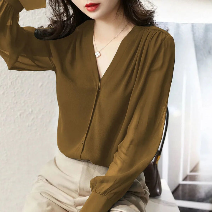 Vintage Simple Slim V-neck Long Sleeve Temperament Shirt