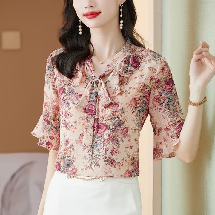 Fragmented Chiffon Shirt Top For Women's Fashionable And Westernized V-neck