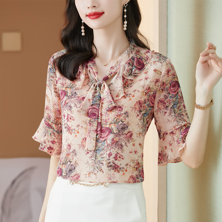Fragmented Chiffon Shirt Top For Women's Fashionable And Westernized V-neck