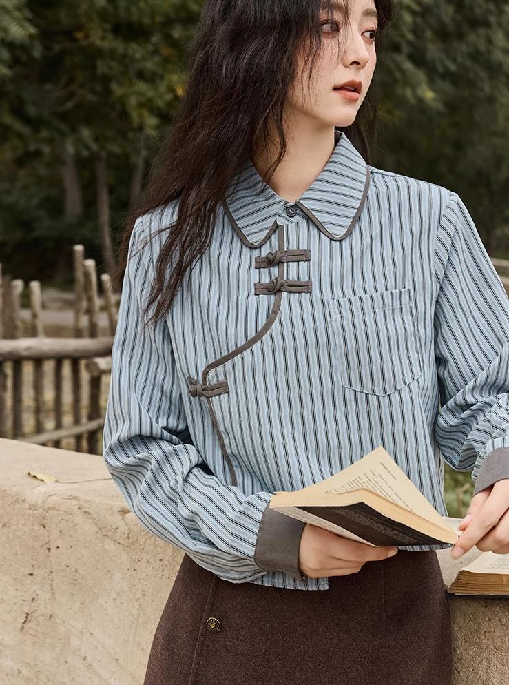 blue-grey striped patchwork blouse, view 3 - MRSLM