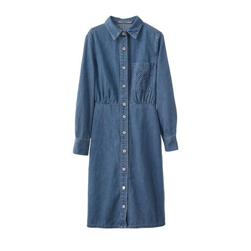 denim shirt dress with lapel collar, view 2 - MRSLM