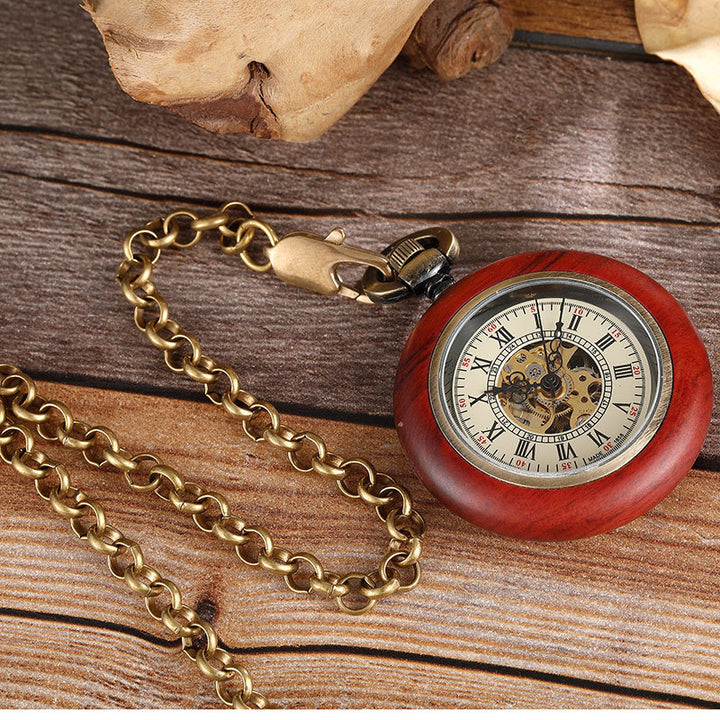 Red Copper Wood Roman Scale Retro Mechanical Pocket Watch