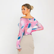colorful mesh ruffle long sleeve t-shirt, view 5 - MRSLM