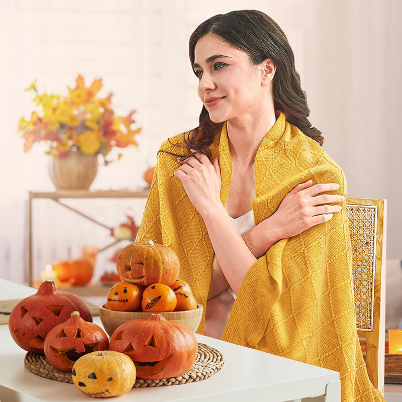 mustard yellow knitted throw blanket, view 4 - MRSLM