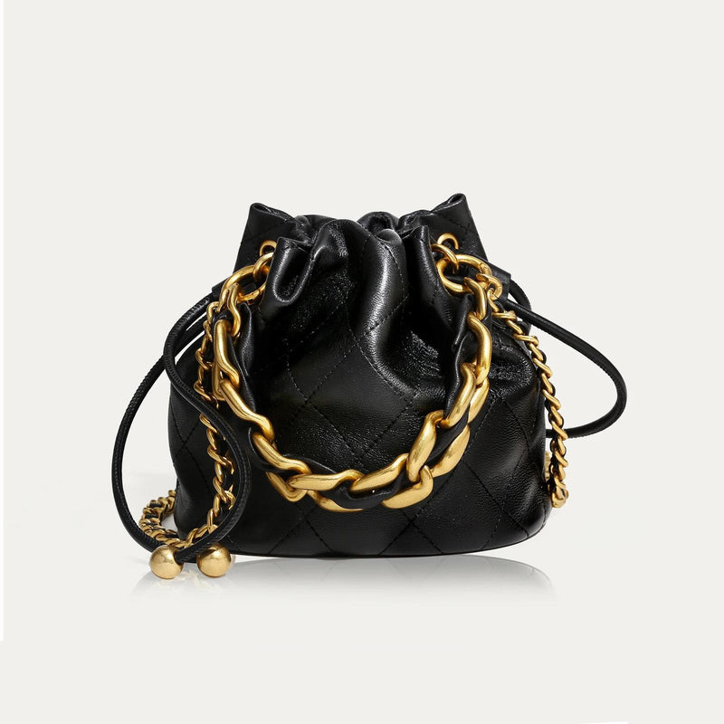 genuine leather quilted drawstring bucket bag, view 2 - MRSLM