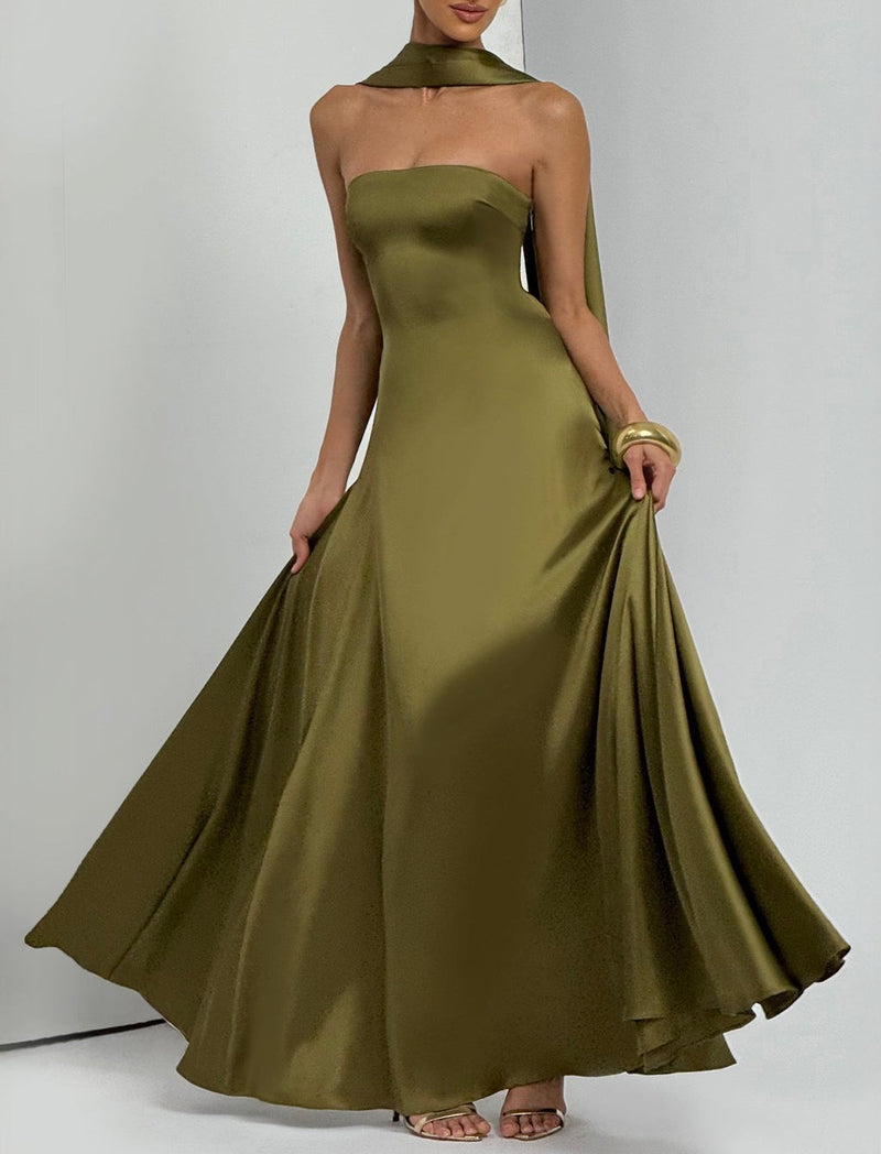 strapless satin maxi dress, view 5 - MRSLM