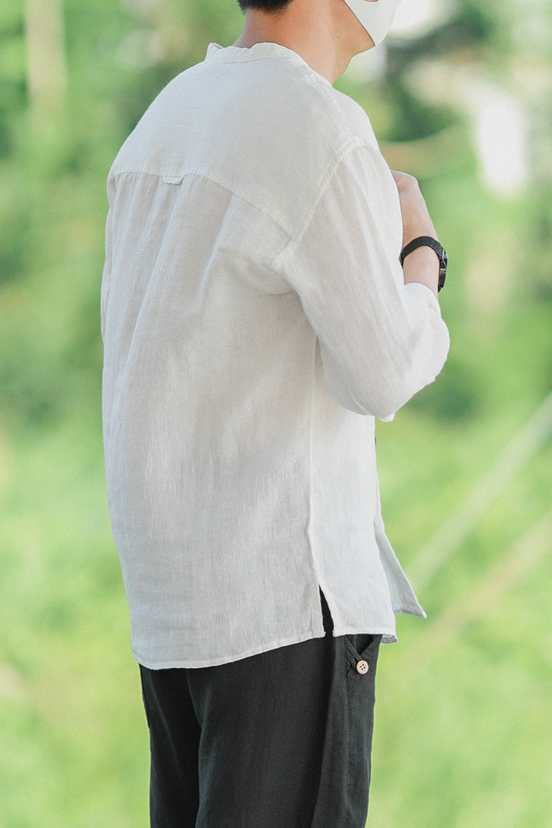 Men's stand collar linen shirt, view 2 - MRSLM