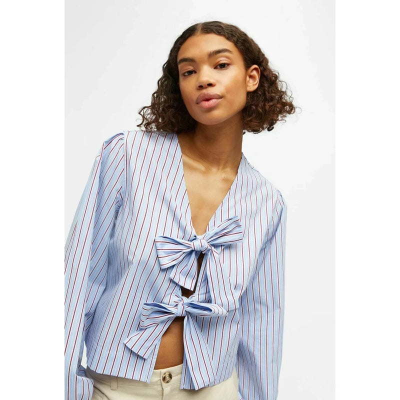 striped lace-up v-neck blouse, view 3 - MRSLM