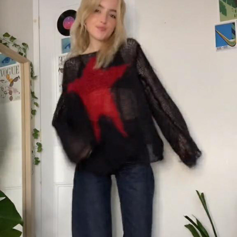 round neck star knit pullover sweater, view 4 - MRSLM