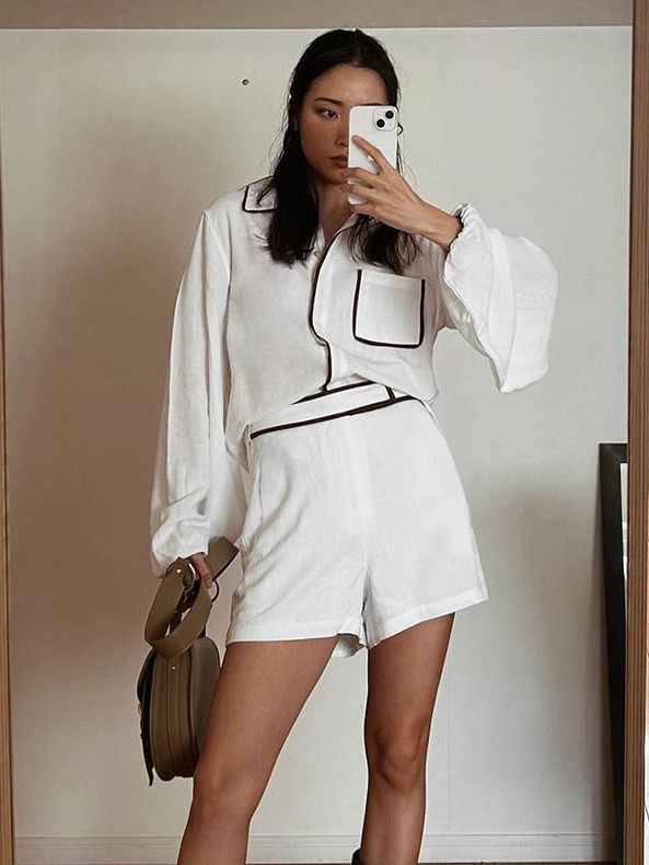 classic cotton long sleeve top and shorts suit, view 3 - MRSLM