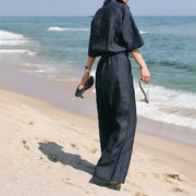 Short sleeve linen jumpsuit with wide pants, view 3 - MRSLM