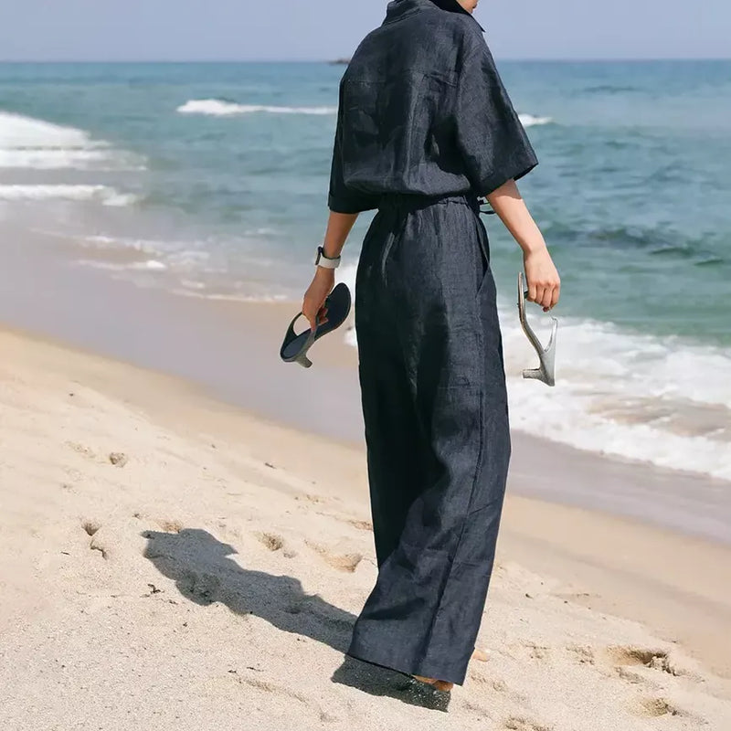 Short sleeve linen jumpsuit with wide pants, view 3 - MRSLM
