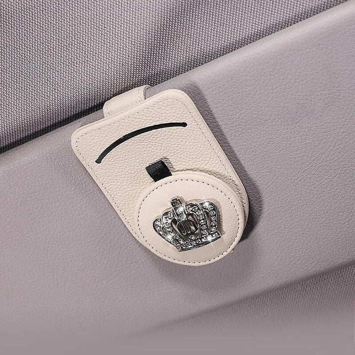 Luxury Leather Car Visor Sunglass and Card Holder with Diamond Crown