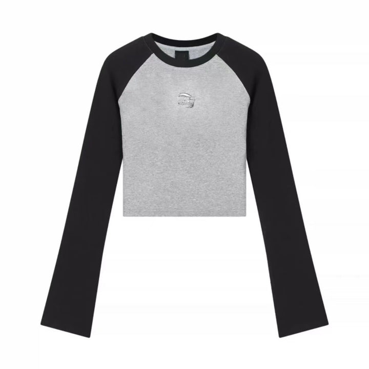 Autumn And Winter Korean Style Sense Of Design Raglan Sleeve Black And Gray Contrast Color Long Sleeves Women