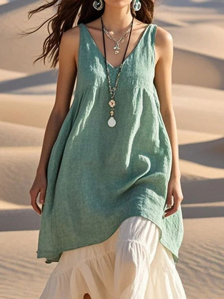 Fashion Sleeveless Cotton Linen Solid Color And V-neck Beach Dress