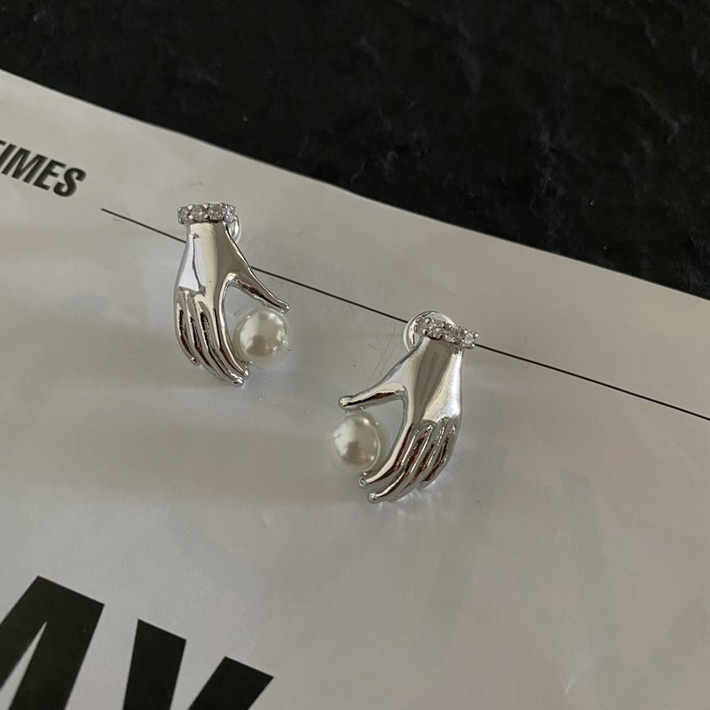 women's pearl small hand earrings, view 6 - MRSLM