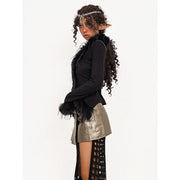 faux fur patchwork knit cardigan, view 4 - MRSLM