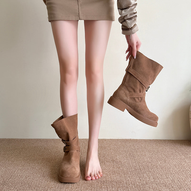 Women's suede platform buckle biker boots, view 9 - MRSLM