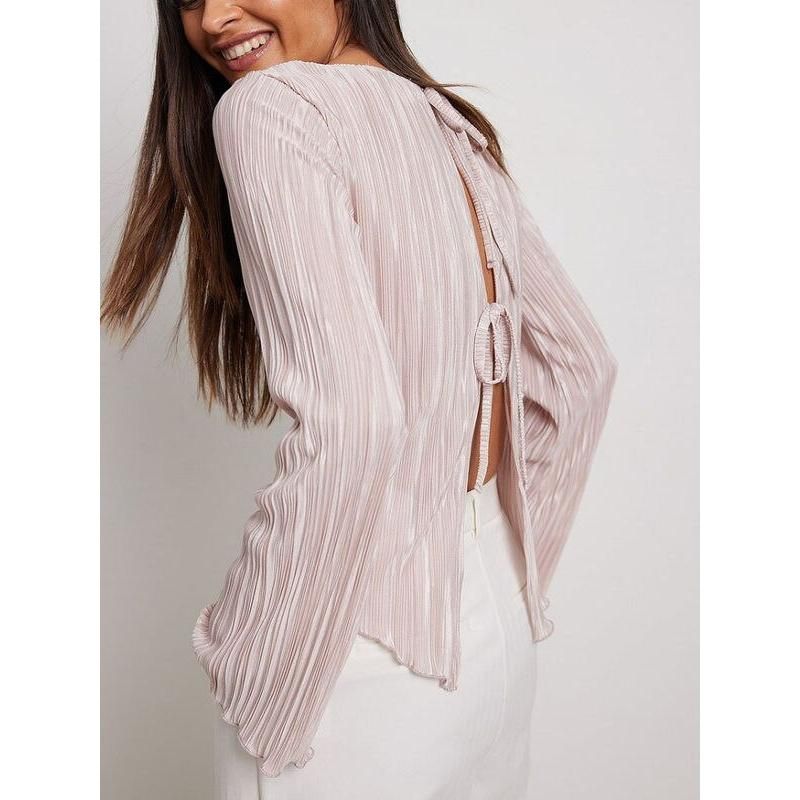 Pink lace-up satin blouse, view 5 - MRSLM