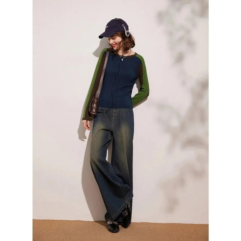 long sleeve round neck contrast color top, view 4 - MRSLM