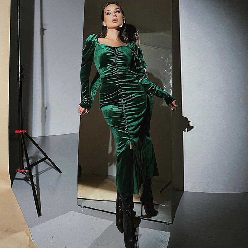 women's pleated slim fit velvet dress, view 2 - MRSLM