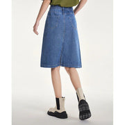 women's blue denim A-line skirt, view 4 - MRSLM