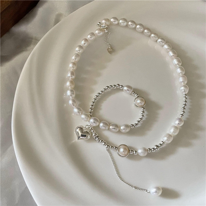 S925 Sterling Silver Love Pearl Round Bead Necklace