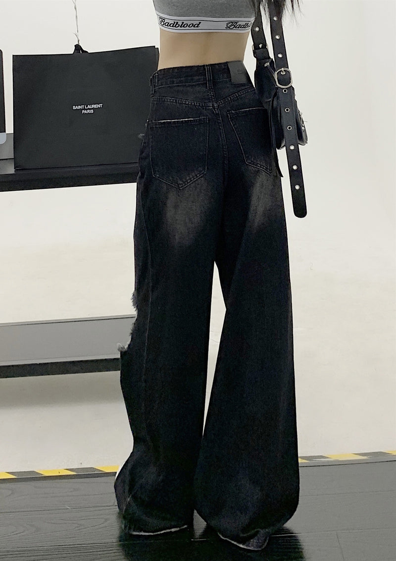 women's black ripped wide-leg jeans, view 7 - MRSLM