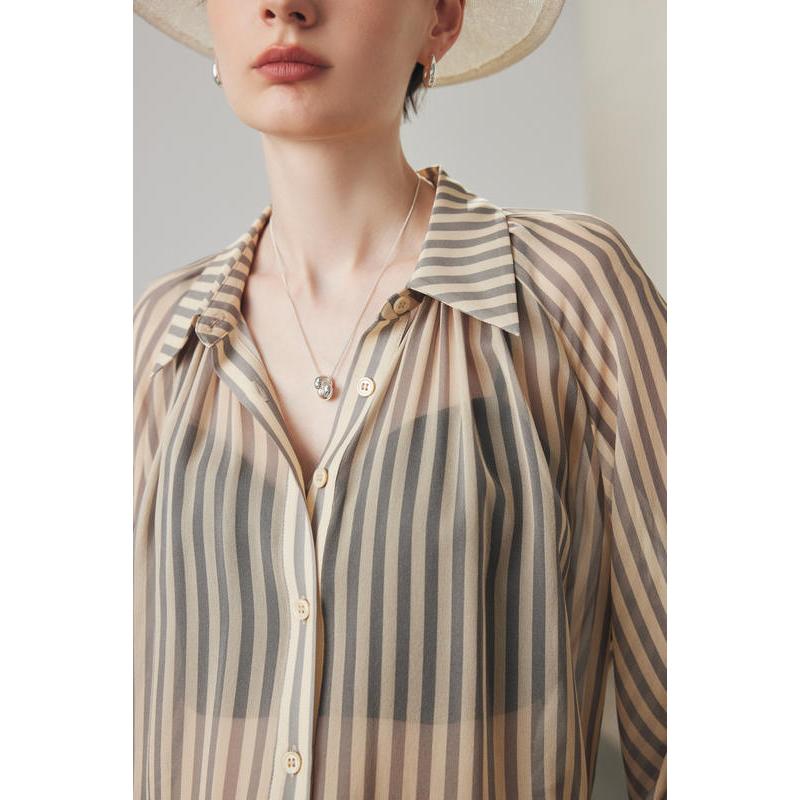 women's striped silk casual shirt, view 7 - MRSLM