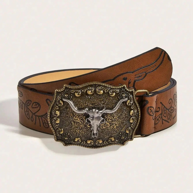 vintage western cowboy buckle pu leather belt, view 4 - MRSLM