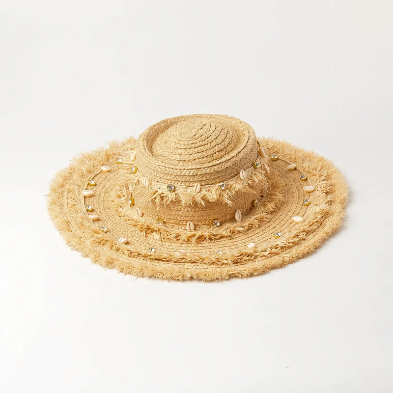 raffia sun hat with shell accents, view 2 - MRSLM