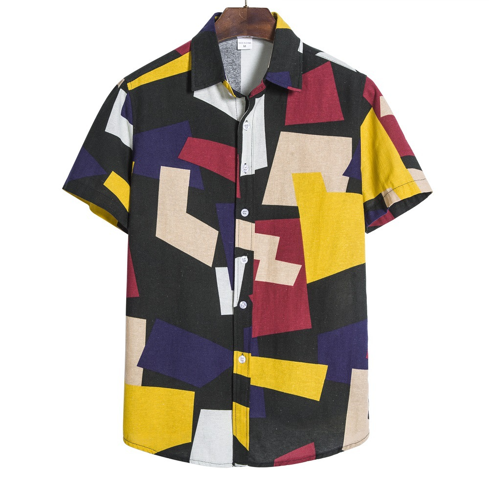 Camisas casuales de manga corta con bolsillo práctico de algodón con bloque de color para hombre