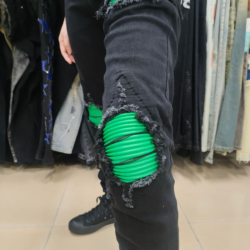 Black ripped jeans green patchwork, view 2 - MRSLM