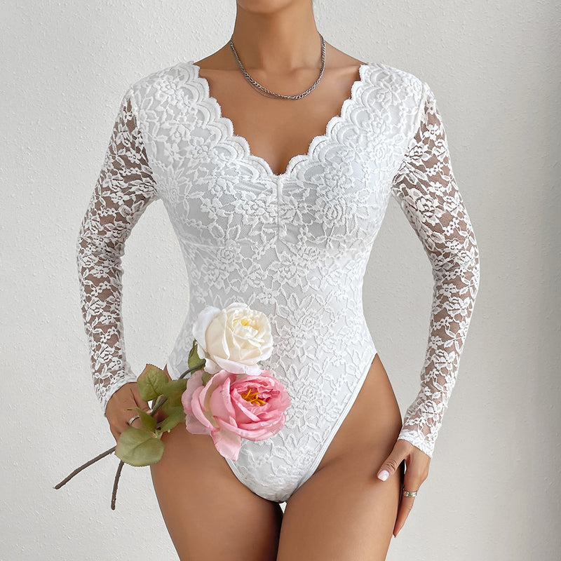 white lace long sleeve slim fit jumpsuit, view 2 - MRSLM