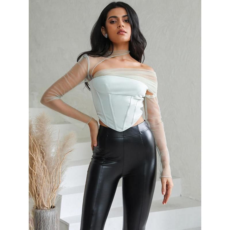Sheer mesh sleeve strapless backless crop top, view 3 - MRSLM
