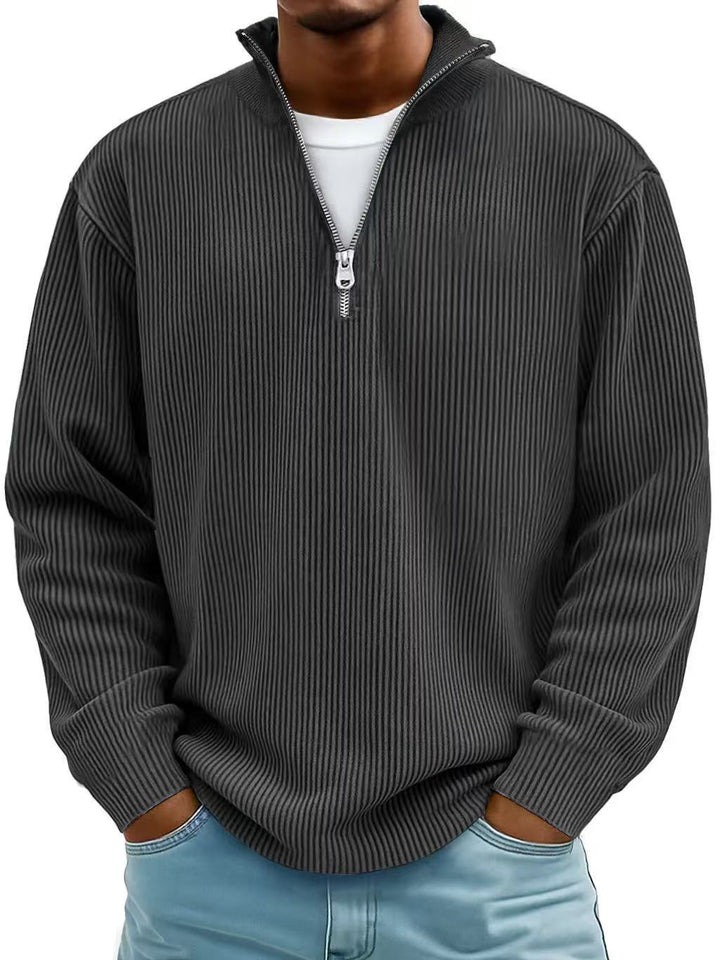 Corduroy Zipper Stand Collar Sweatshirt Fashion Warm Solid Color Long Sleeve Top Men&