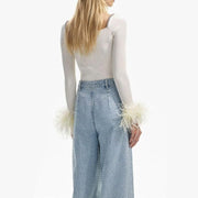 slim fit knitted feather patchwork pullover, view 4 - MRSLM