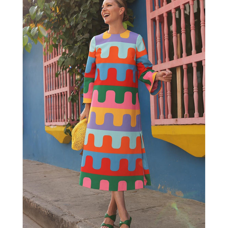 geometric print a-line dress, view 2 - MRSLM