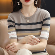 women's striped knit short sleeve top, view 5 - MRSLM