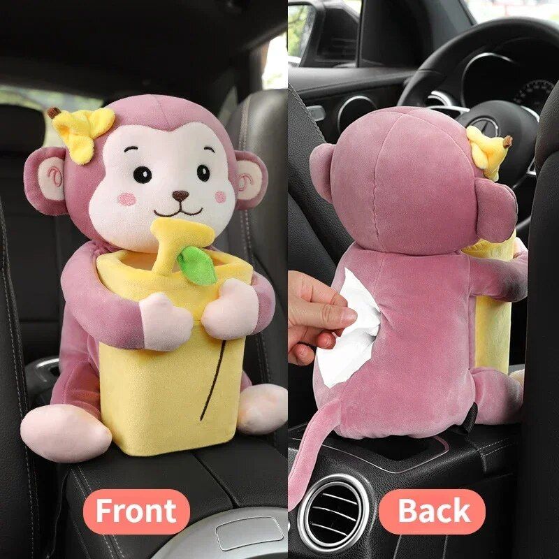 Plush car organizer with tissue box and trash bin, view 3 - MRSLM