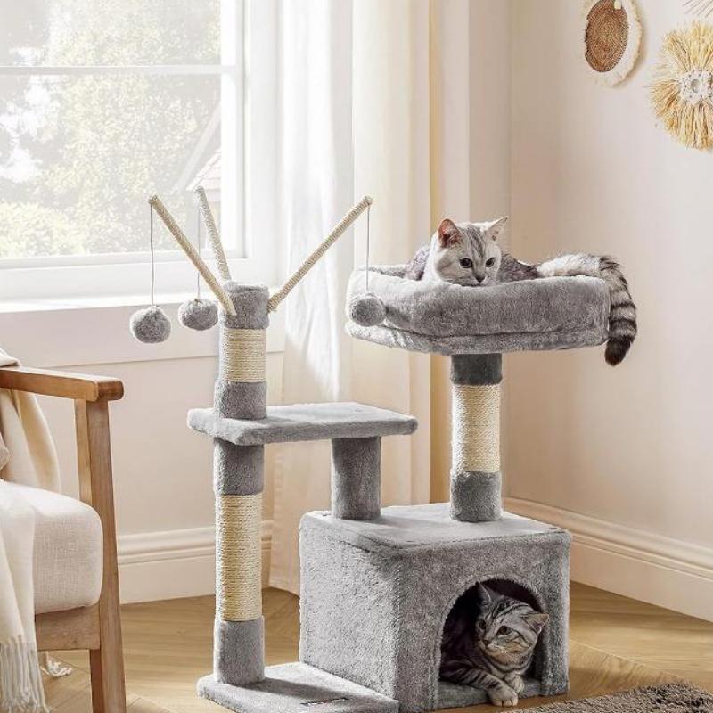 smoky gray cat tree with padded perch - MRSLM