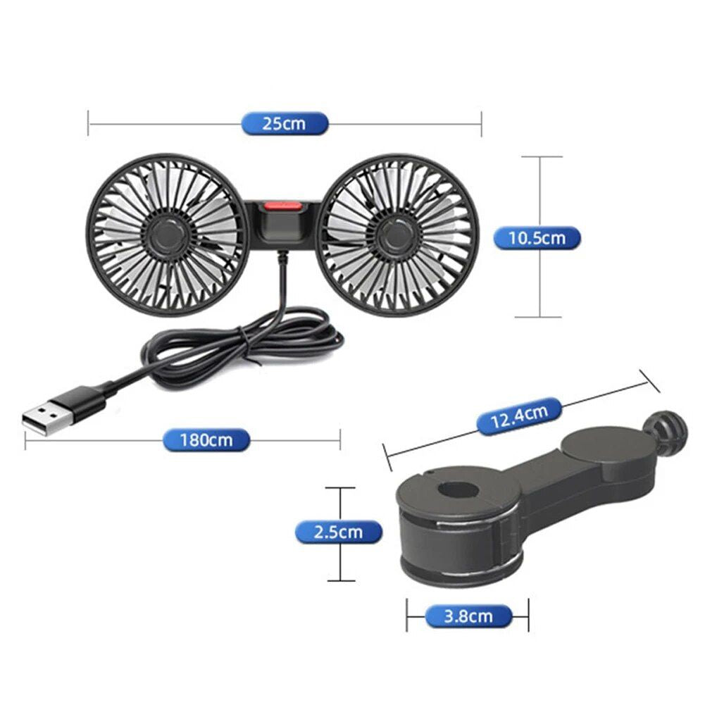 Dual Head USB Car Fan with 360° Rotation for 12V/24V Vehicles