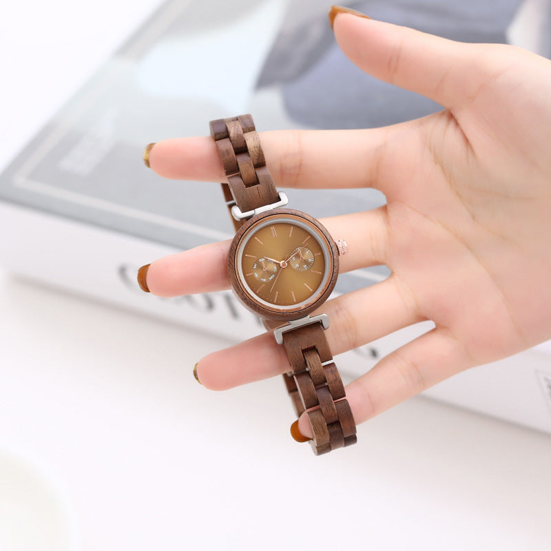 Ladies Quartz Round Analog Ebony Wood Watch