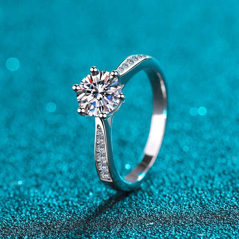 1 carat moissanite six claw silver ring, view 2 - MRSLM