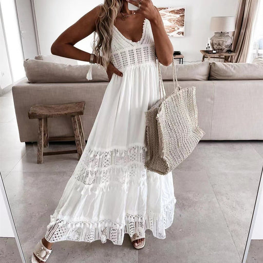 women's lace panel sleeveless long dress, view 5 - MRSLM
