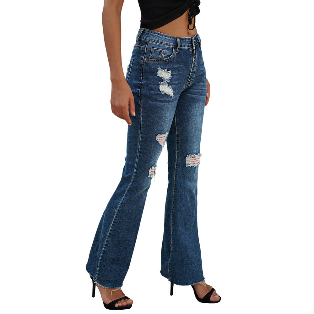 Women's High Waist Slim Jeans Washed And Frayed Wide Leg Pants Trousers