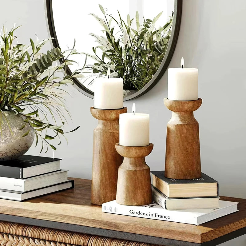 rustic wooden candlestick holders, view 5 - MRSLM