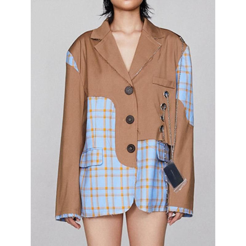 women's checkered blazer with chain accent, view 4 - MRSLM